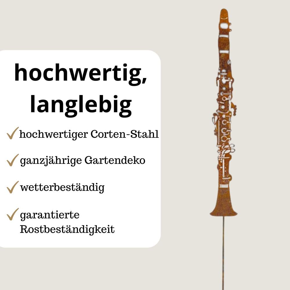 Gartenstecker Klarinette aus Cortenstahl Rostoptik – 110 cm – Wetterfest & Ganzjährig Outdoor – rostige Metall Gartendeko für Beet, Rasen, Terrasse & Balkon – Geschenk für Musikliebhaber