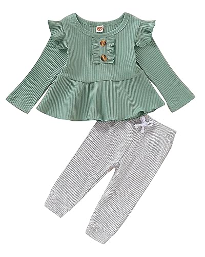 Image of Baby Girl Clothes Toddler Girl Cotton Outfit Rib Long Sleeve Shirt Top Solid Pants Infant Girls Set