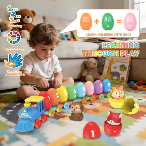 Image of Grarain Toddler Train Toy Set with Farm Animal Finger Puppets & Eggs, Montessori Educational Color Number Sorting Matching Learning Toys for Kids Boys Girls 1-3 Year Old, Fine Motor Gifts