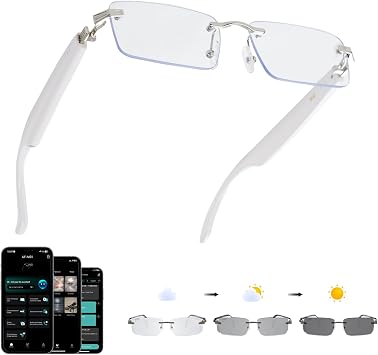 AI Translation Glasses, Bluetooth Eyeglasses with Real-Time Translator for 164 Languages, Photochromic Spring Hinge Bluetooth Glasses with Speakers, Rimless Smart Glasses for Travel/Work/StudySilver
