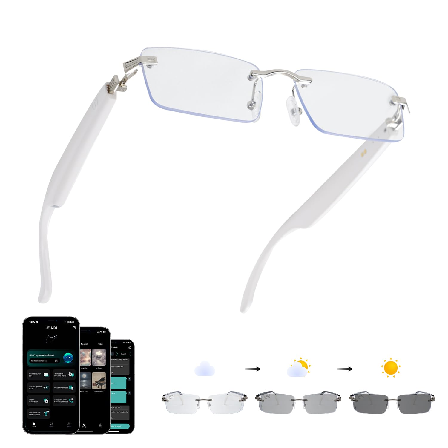 GenXenon AI Smart Brille, Photochrome Smart Glasses mit Offenen Audio | Echtzeit-Übersetzer für 164 Sprachen, Musik & Freisprechen, KI Brille für Reisen/Arbeit/Studium (Weiß)