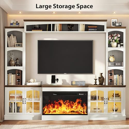 Image of MXV 98 inch Farmhouse Fireplace TV Stand, Large Wall Unit Entertainment Center with 36 inch Electric Fireplace, Media Console with Storage Cabinets and Open Shelves for Living Room, White