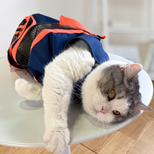 Image of Cinf Cat Nail Clipping Cleaning Grooming Restraint Bag (Free Muzzle) Set No Scratching Biting for Bathing Nail Trimming Injecting Examining(Navy Blue,L)
