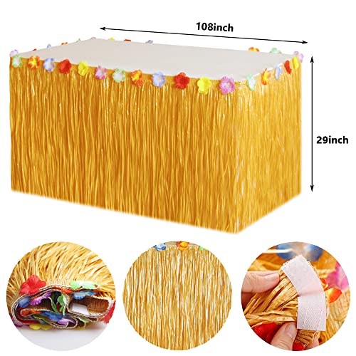 Tropical Luau Party Decorations Set Hawaiian Beach Theme Party Favors Luau Party Supplies with 9ft Luau Grass Table Skirt, Palm Leaves, Hibiscus Flowers, 3D Fruit Straws, Flamingo and Pineapple Décors - Image 2