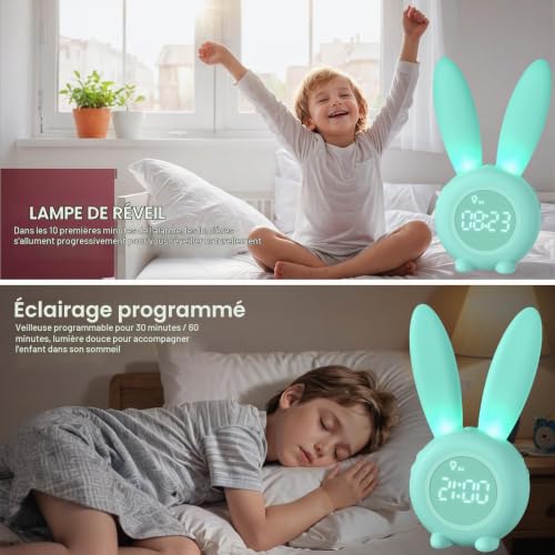 Homealexa Réveil Matin à Induction en Forme de Lapin Mignon, Intelligent Réglage Automatique de la Lumière de Respiration, Affichage Temps/Date/Température, Contrôle Vocal ou Tremblement – vue 3