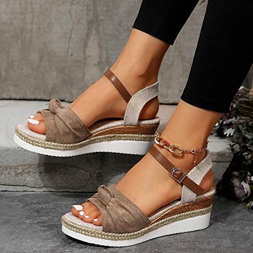 Orthopedic Wedge Sandals for Women Summer Dressy,Open Toe Strap Platform Ankle Sandals Casual Strappy Low Wedges Sandals Zipper Summer Beach Sandals Comfortable Outdoor Shoes (7-Khaki, 7)