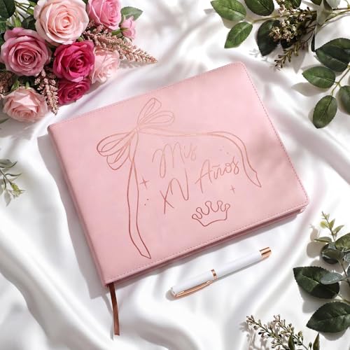Image of MotiMind Quinceanera Guest Book with Pen 11 x 8 Inch Libro De Firmas Para 15 Anos Quinceanera Leather Hardcover Signature Guest Sign in Book for 15th Party Favors Decoration(Light Brown,Bow)