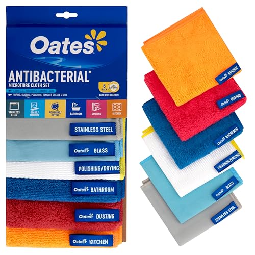 Oates Antibacterial Microfibre Cleaning Cloths | Pack of 6 | Colour Coded Household Cleaning Cloth Set | Kitchen, Bathroom, Glass, Stainless Steel, Dusting & Polishing | Machine Washable |