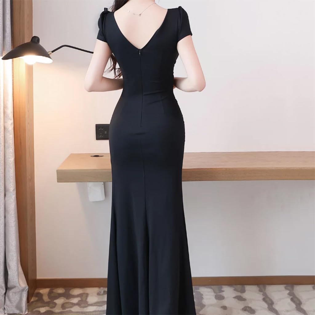 Vestidos De Fiesta Sexys con Escote En V Y Manga Corta， Vestidos Formales Largos Ajustados con Abertura Alta