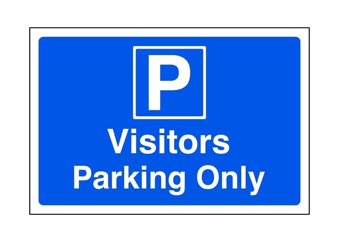 Visitors parking only - Safety sign - High tack self-adhesive sticker (200mm x 150mm) Viewing Distance within 5m.