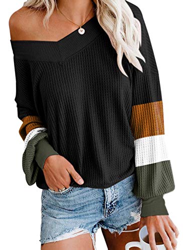 Odosalii Pullover Damen Sexy V Ausschnitt Schulterfreier Oberteile Oversize Hembluse Lose Longshirt Casual Sweatshirt, Schwarz-Patchwork, XL… Cover