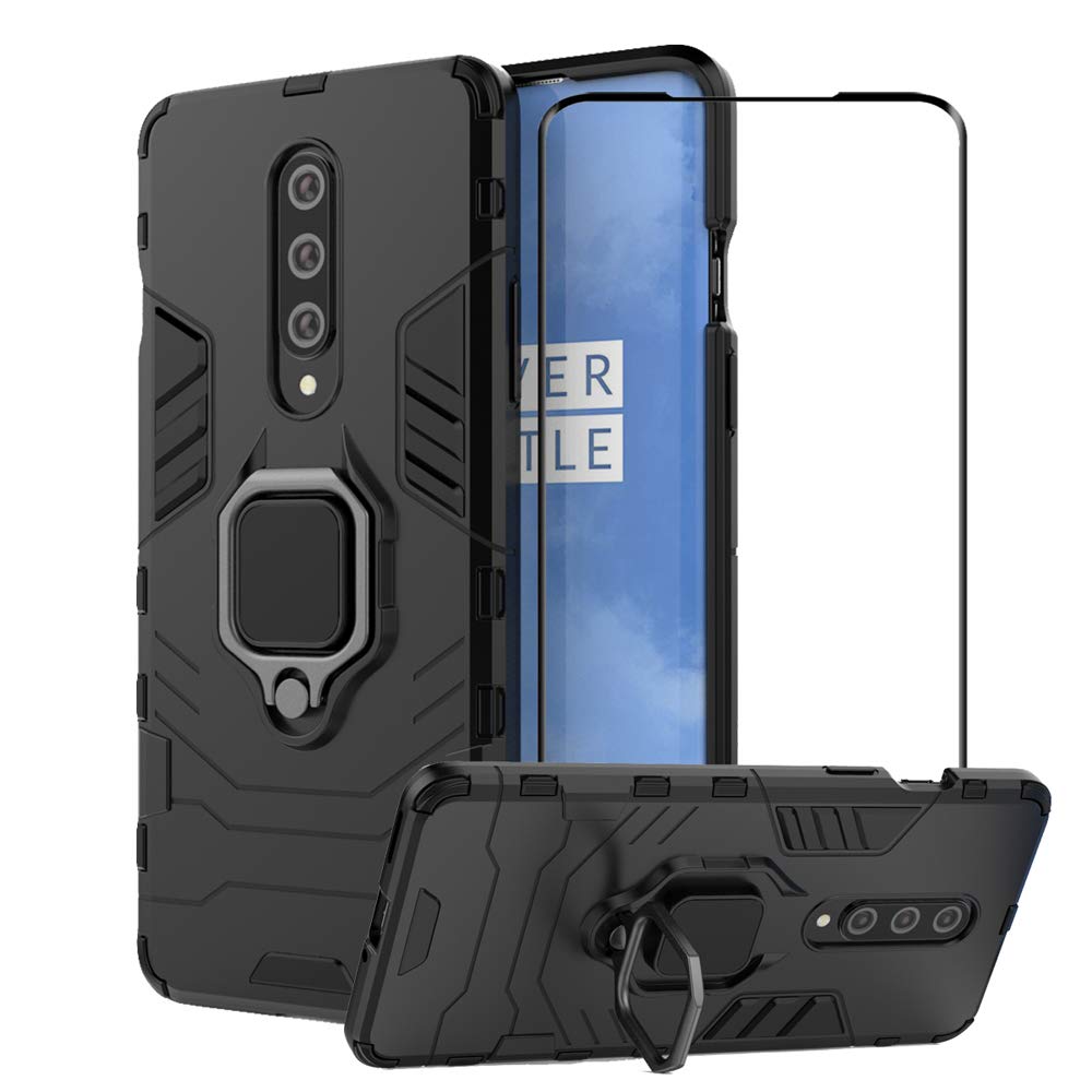 Case for OnePlus 8 with Tempered Glass Screen Protector,Hybrid Heavy Duty Protection Shockproof Defender Kickstand Armor Case Cover,Black