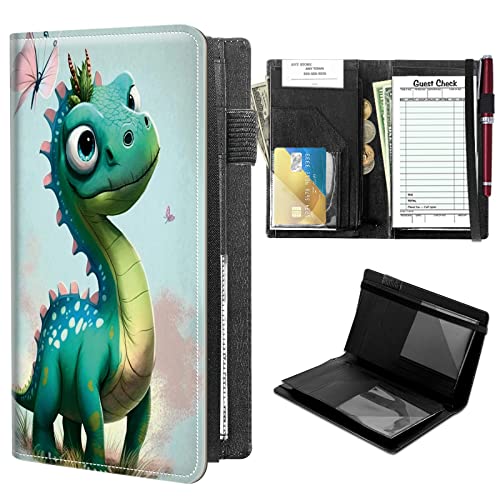High Volume Server Books, Butterfly Dinosaur Server Book w/ 2 Expandable Pockets 9 x 5 Cute Waitress Book Zipper Pocket & Strap Closure Waitstaff Organizer Server Booklet Waiter Money Wallet