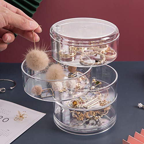 AMERTEERAMERTEER Acrylic Organizer, 4-Tier 360 Degree Rotating Jewelry Storage Box for Earring Bracelets Rings Cosmetic Fits Small Spaces on Dressing Table, Clear