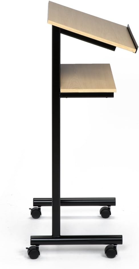 Audio-Visual Direct Wheeled Lectern - Standing Desk with Storage Shelf - Beech/Black - Ideal for Presentations and Laptop Use