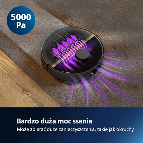 Philips HomeRun Robot mopująco odkurzający z serii Aqua 7000,wysoka moc ssania 5000 Pa, wykrywanie małych przeszkód, czyści dywany i usuwa sierść zwierząt, sterowanie przez aplikację,biały, XU7100/02
