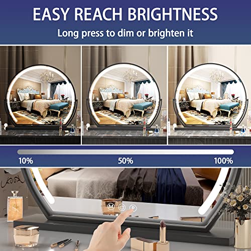 Hasipu Vanity Mirror With Lights, 24" X 22" Led Makeup Mirror, Lighted Makeup Mirror With Lights, Smart Touch Control 3 Colors Dimmable Mirror 360°Rotation Black #TOP3