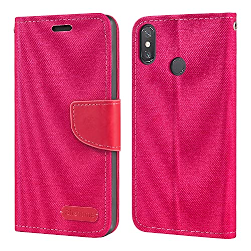 Oxford Stoff & PU Leder Flip Handyhülle Kompatibel mit Xiaomi Mi Max 3 Pro, Robuste Klapphülle mit Kartenfächern & Magnetverschluss (Rosenrot)