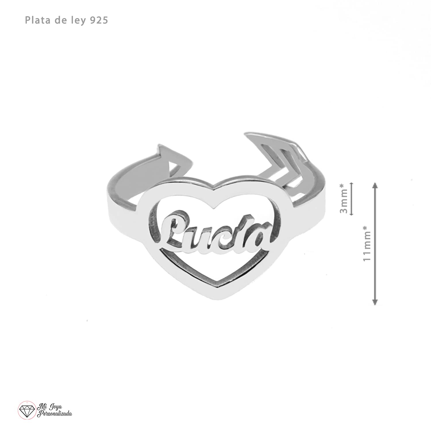 Anillo Corazón con Nombre Personalizado Plata de Ley Ajustable para Mujer - Regalo Original Enamorado Flecha Cupido