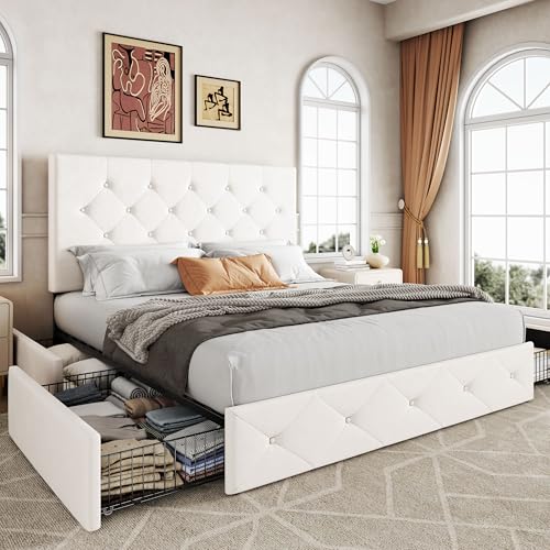 Image of Allewie Upholstered Full Size Platform Bed Frame with 4 Storage Drawers and Adjustable Headboard, Diamond Button Tufted, Wooden Slats Support, Noise-Free, No Box Spring Needed, Easy Assembly, White