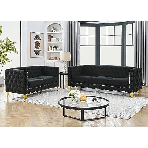 KINFFICT Velvet Living Room Sofa Set of 2, Comfy Loveseat and 3 Seater Couch, Modern Sofa with Tufted Back and Rivet Decoration, Upholstered Long Couch with Solid Golden Metal Tapered Legs, Black Cover