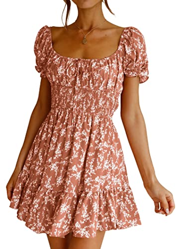 Image of Imily Bela Womens Summer Dress Ruffle Sleeve Sqaure Neck Smocked Sun Dress Casual Boho Beach Floral Mini Dress