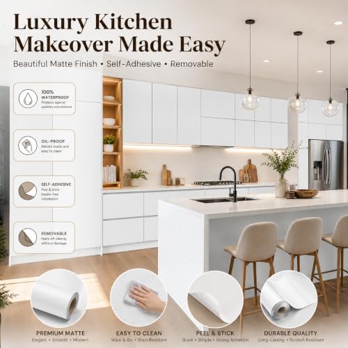 Image of HOME13 White Contact Paper White Peel and Stick Wallpaper Matte Self Adhesive Waterproof Vinyl Roll for Bathroom Kitchen Backsplash Cabinets Shelf Liners Drawers (20x50 Inch)