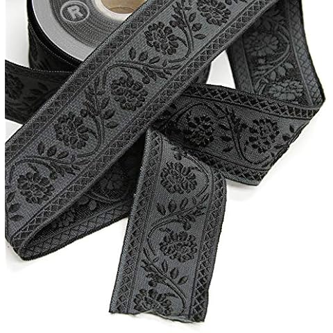Emma Floral Italian Jacquard Ribbon, 50mm Wide, Charcoal Gray & Black, Sold by The Yard Cover