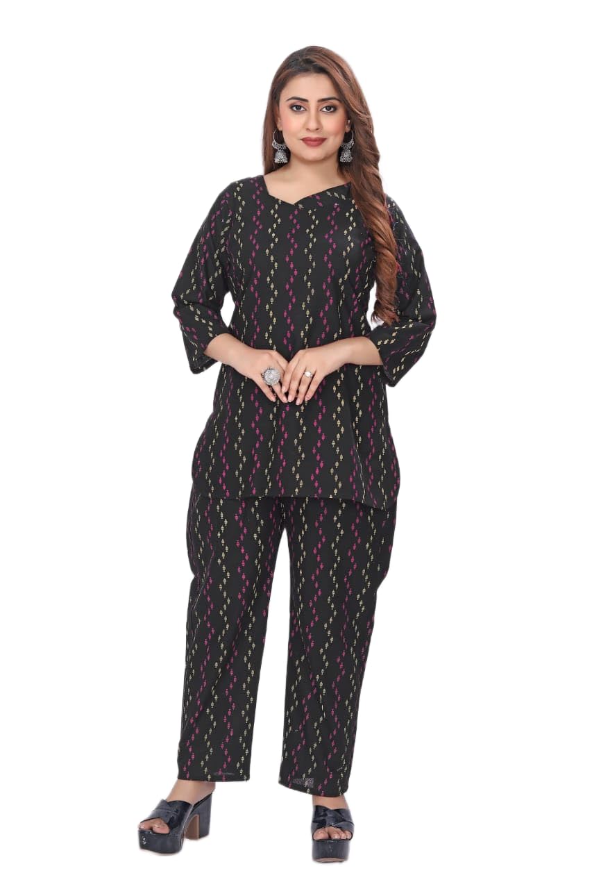 Women's Black Printed Co-ord Set, Kurti with Matching Pants, 3/4 Sleeve, Ethnic Wear-picture-48