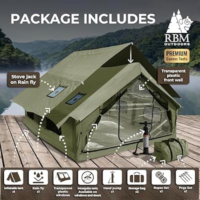 RBM Outdoors Inflatable Canvas Camping Tents with Stove Jack Air Beam Blow Up Family Camping Tent for 26 People, Fast Setup Shelter with Hand Pump