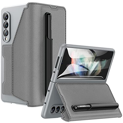 Caka for Z Fold 3 Case with S Pen Holder & Screen Protector, Galaxy Z Fold 3 Wallet Case with Card Holder Kickstand PU Leather Full Body Protective Phone Cover for Samsung Galaxy Z Fold 3 5G (Gray)