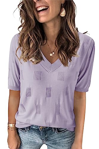 Image of Arach&Cloz Women's Lightweight Spring Summer Sweater Tops Casual Short Sleeve Blouses Shirts