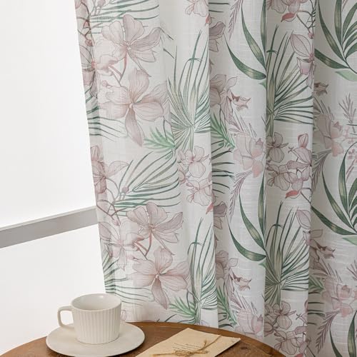 Image of SUOUO Green Tropical Palm Leaf Semi Sheer Curtains 84 inches Long Linen Textured for Living Room Patterned Red Floral Window Drapes for Dining Bedroom 2 Panels