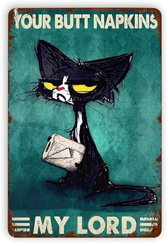 POMOTER Plaque Métal Vintage Poster avec Chat Noir « Your Butt Towels My Lord » - 30,5 x 40,6 cm - Décoration Murale pour Jardin, Extérieur, Maison, Bar, Pub
