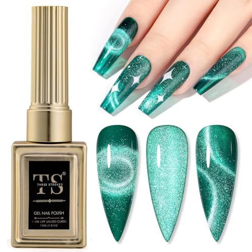 Image of THR3E STROKES Cat Eye Gel Nail Polish 15ml Gel Polish Soak Off U V LED Nail Lamp 1 Color Silver Shimmer Velvet Gel Nail Polish Nail Art Manicure Salon DIY Home (99 CAT EYE GREEN)