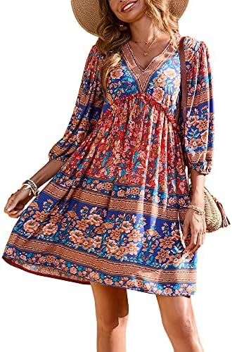 BTFBM Women Casual Spring Summer Dresses V Neck 3/4 Long Sleeve Ruffle Floral Flowy Boho Babydoll Mini Short Beach Dress(Floral Red, Large)
