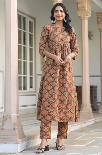 Image of Janasya Brown Pure Cotton Kurta & Pant Set for Women Ethnic Motifs Print Ethnic Wear