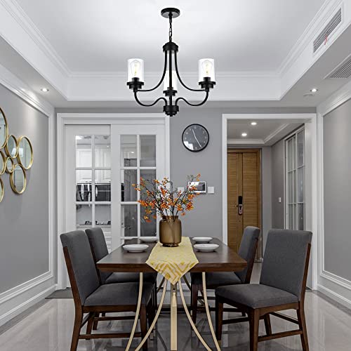Melucee Black Chandelier, 3-Light Rustic Chandeliers For Dining Room, Farmhouse Lighting Fixtures Ceiling Hanging With Clear Glass Shade, Pendant Lighting For Kitchen Island Entryway Foyer #TOP7