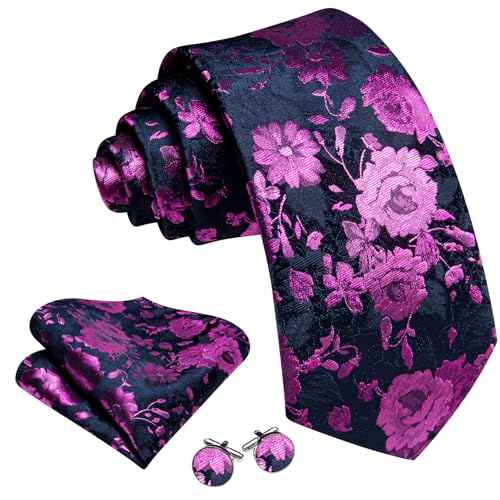 Image of Barry.Wang Flower Ties for Men Silk Woven Floral Tie Sets Necktie Handkerchief Cufflinks Wedding Party