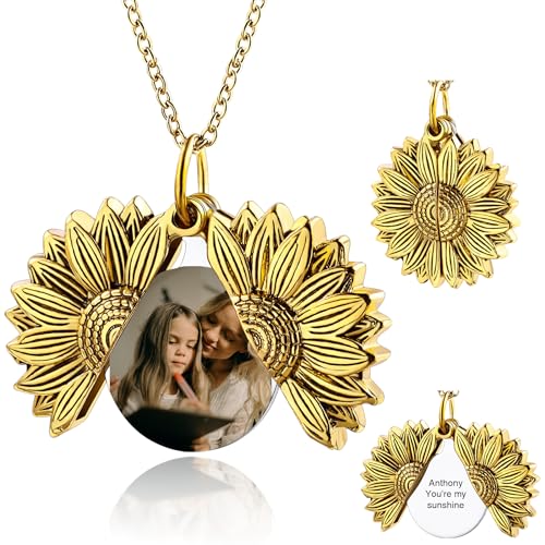 OTXIXTO Personalizada Foto Oro Girasol Medallón Collar para Mujer Personalizada Mujeres Medallón Memorial Collar con Foto/Texto Interior Memorial Sunshine Joyería Regalo para Novia Mamá (Estilo A)