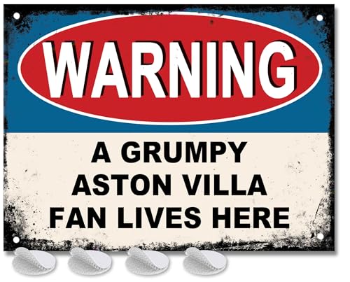 Villa Gifts for Men - or Boys Funny Aston Football Grumpy Fan Lives Here Metal Sign, Mens Metal Poster for Dads FC Man Cave or Home Bar Signs