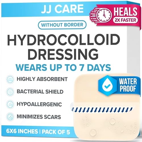 JJ CARE Hydrocolloid Dressing 6x6 [Pack 5], 0.35MM Thick Large Hydrocolloid Bandages w/o Border, Self-Adhesive Thin Hydrocolloid Wound Dressing, Wound Care Bandages for Bedsores and Blisters