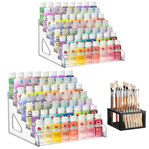 YEXEXINM Lot de 2 organiseurs de peinture acrylique avec porte-pinceaux, rack de rangement transparent à 7 niveaux pour peintures, support pour colorants d'artisanat, rack pour loisirs créatifs