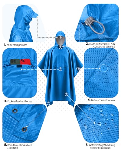 Coutyuyi Wasserdicht Regenponcho Unisex, Wiederverwendbar Regenjacken 3 in 1 Multifunktionaler Regencape mit Tasche Regenmantel Regenschutz für Wanderungen,Camping（Himmelblau,L）