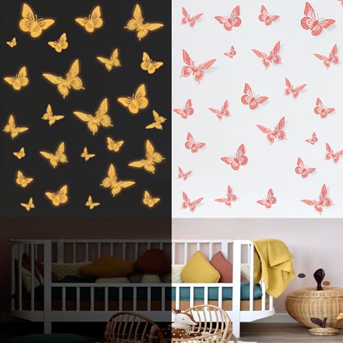 Image of SAOROPEB Glow in The Dark 3D Butterfly 24 Pcs Orange Butterfly Stickers | 3 Sizes, Luminous Butterfly Stickers for Ceiling all, Glow in The Dark Party Supplies, Stickers for Kids Babys Nursery