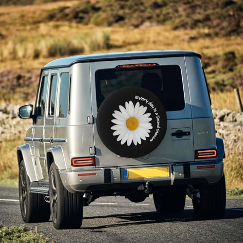Image of White Daisy Quote Spare Tire Cover for Rv SUV Trailer Truck- Funny Cute Decor Tire Cover Polyester Wheel Covers Universal Fit for Outdoor Camper Travel,14 inch