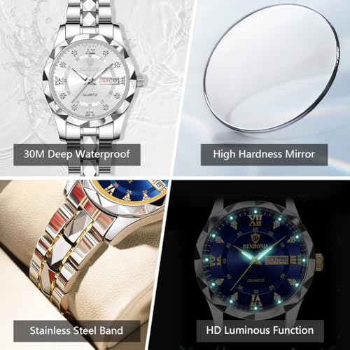 Image of BINBOND Women's Watch Fashion Diamond Elegant Dress Date Ladies Small Wrist Watches for Women Two Tone Stainless Steel Waterproof Luminous Silver