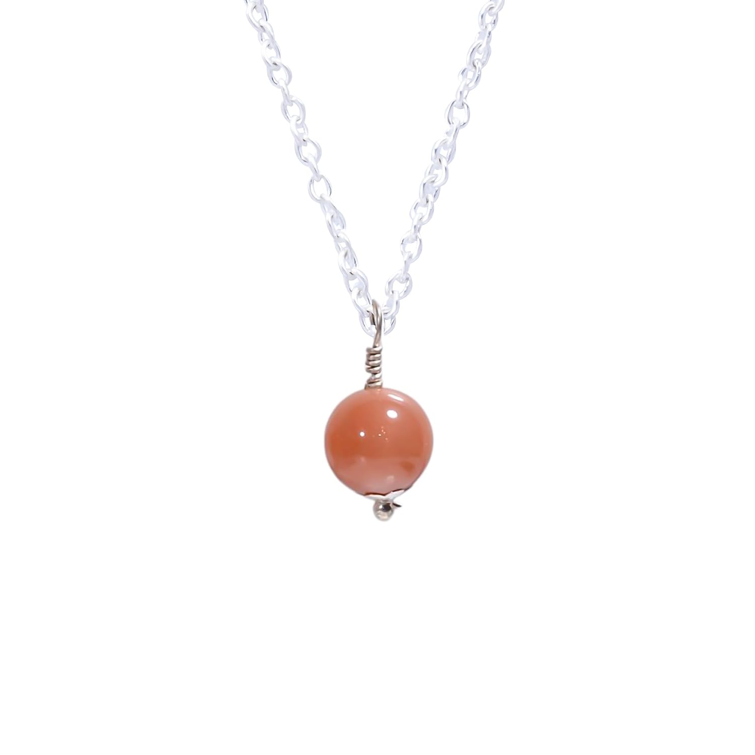 Peach Moonstone Beads Ball Pendant Necklace Jewelry, Birthday, Anniversary Perfect Gift for Women, Wife, Daughter, Grands, Girlfriend, Silver 18 inch (Pack of 1)