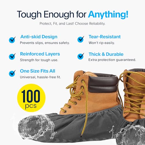 Image of Premium Boot & Shoe Covers Disposable Booties - 100 Pack - Durable, Non-Slip, Non-Toxic, Water Resistant, Recyclable Protectors for Indoor & Outdoor - Large Size Fits Most Shoes