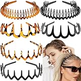 Supgoodom 6 PCS Zig Zag Headbands Plastic Wavy Hair Head Band Comb with Teeth Hoop Accessories for Women Men Girls, Versatile Bright Black&Retro Leopard